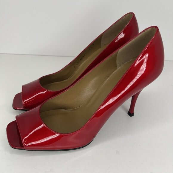 Stuart Weitzman Womens Size 9.5 Candy Apple Red Quasar Peep Toe Patent Heels - Picture 1 of 11